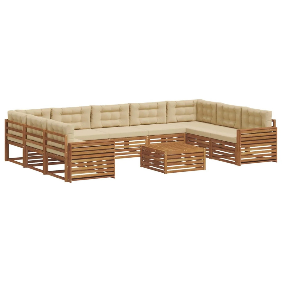 vidaXL Sofagarnitur aus Massivholz Akazie in U-Form, 10-teiliges Set in Natur und Beige mit wetterfesten Kissen - Bild 2