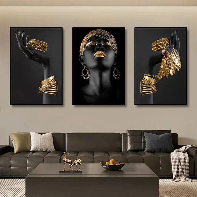 Potdemiel Wandkunst Afrikanisches Frauenporträt als Leinwanddruck in Silber und Gold für dein Wohnzimmer Dekor - Bild 1