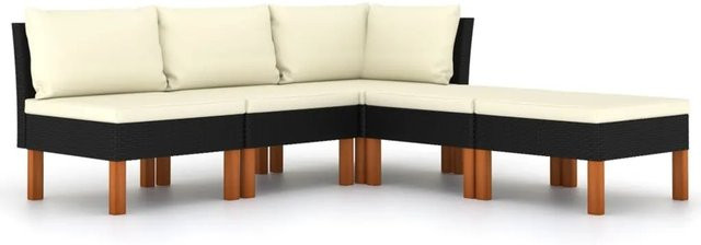 vidaXL 5-tlg Garten-Lounge-Set L-Form aus Poly-Rattan und Eukalyptusholz in Schwarz mit Kissen und Polstern - Bild 1