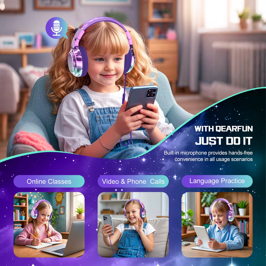 QearFun Kinder-Kopfhörer mit Mikrofon, kabelgebundenes Stereo-Sound-Headset in Purple, faltbar, mit Lautstärkeregler (85/94 dB) für Schule und Tablet - Bild 3