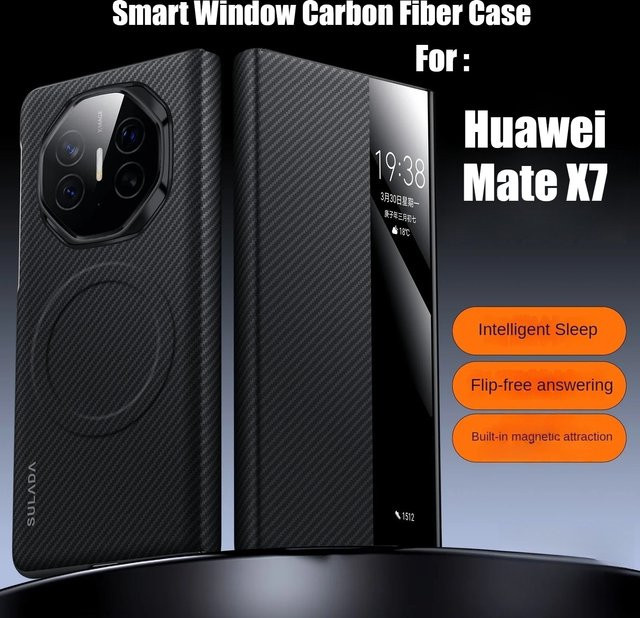 Smart Fenster Handyhülle mit Carbon-Faser-Muster für Huawei Mate X7, Mate X6, Mate X5, Mate XT und Mate XTs in Schwarz mit magnetischer kabelloser Ladefunktion und Stoßschutz - Bild 1
