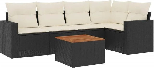 vidaXL 6-teilige Garten-Sofagarnitur in L-Form aus Poly-Rattan und Akazienholz mit Kissen in Schwarz-Creme - Bild 1