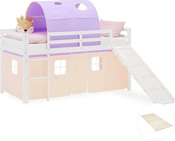Homestyle4u Kinder Hochbett mit Rutsche und Treppe aus Kiefernholz in Lila und Weiß, B/T/H: 90 x 200 x 217,5 cm