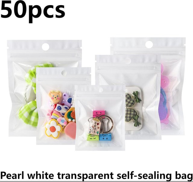50 Stück selbstdichtende OPP-Kunststoffbeutel mit Reißverschluss und Loch zum Aufhängen, transparent/perlweiß - Bild 1