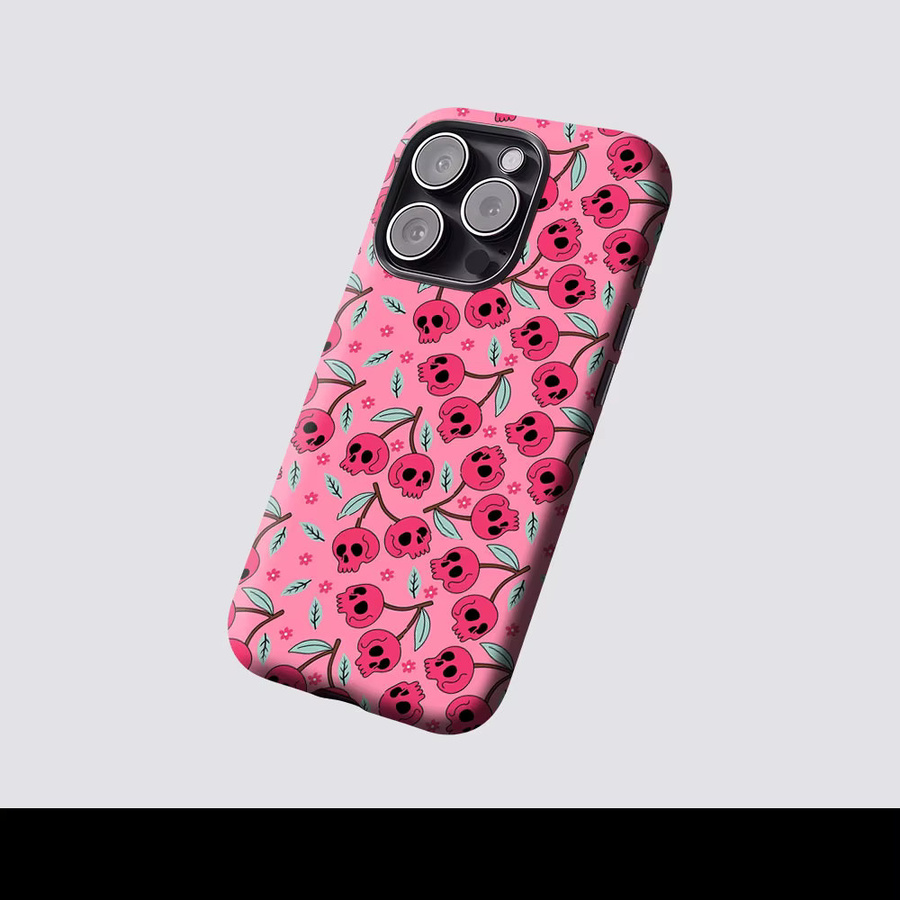 Aurbe Matte 2-in-1 MagSafe Hülle mit Totenkopf und Kirsch-Pop Design für iPhone 17 16 15 14 Plus Pro Max in Pink - Bild 2