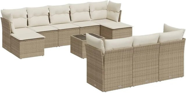 vidaXL 11-tlg. Garten-Sofagarnitur in U-Form aus Poly-Rattan mit Kissen in Beige-Creme - Bild 1