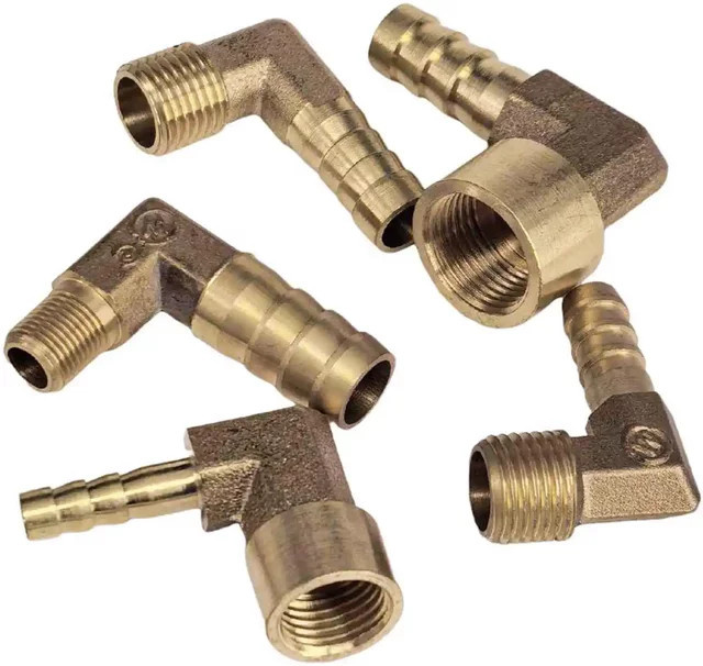 2 Stück Ellenbogen-Passschlauch mit Widerhaken in Gold, Innendurchmesser 3–25 mm, verschiedene Gewindegrößen BSP M6 bis M16 sowie 1/8 bis 3/4 Zoll, männlich/weiblich - Bild 1