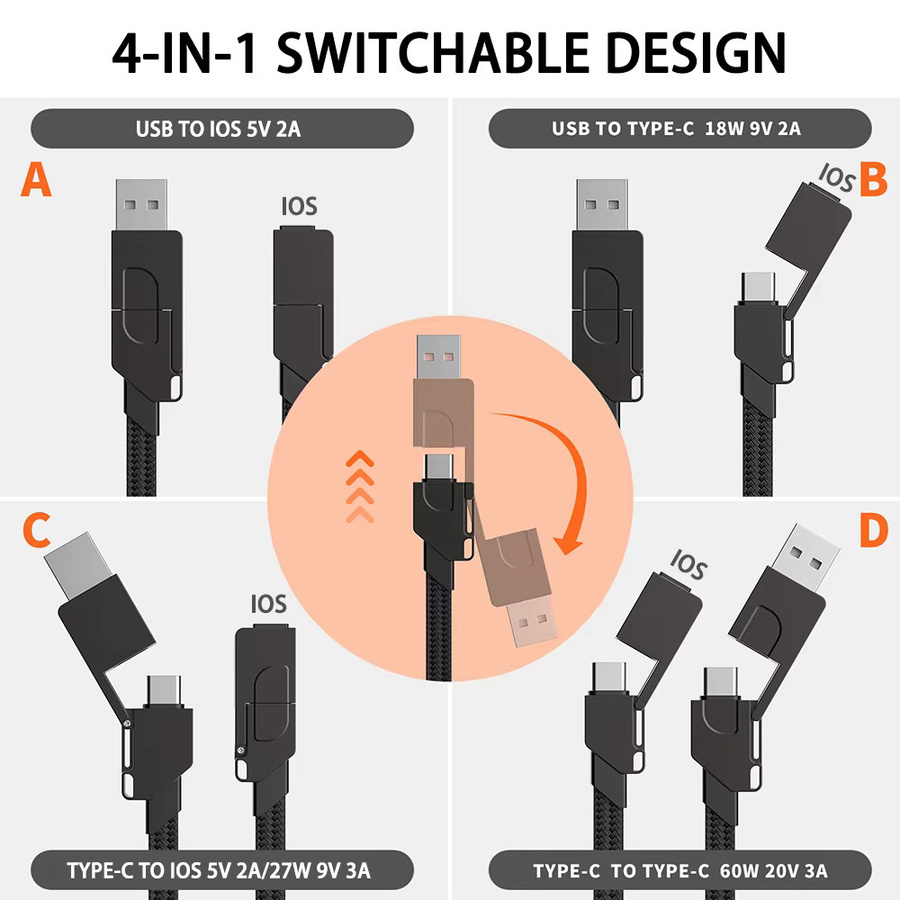 4-in-1 Multi-Schnellladekabel Schlüsselanhänger in Schwarz mit PD 27 W für iPhone Lightning und USB-C 60 W für Android sowie QC 27 W Datenkabel - Bild 5