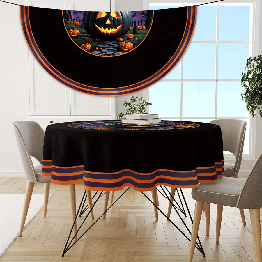 VIKAMA Halloween Tischdecke in Schwarz mit Kürbis, Fledermaus und Grabstein Muster, rund und wasserdicht - Bild 3