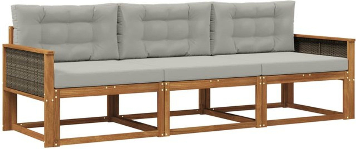 vidaXL Outdoor-Sofagarnitur aus Akazie mit Kissen, 3-teiliges Loungemöbel-Set in Natur und Grau - Bild 1
