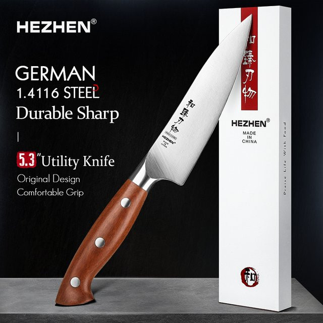 HEZHEN Allzweckmesser aus 1,4116 Edelstahl mit rotem Holzgriff und Box - Bild 1