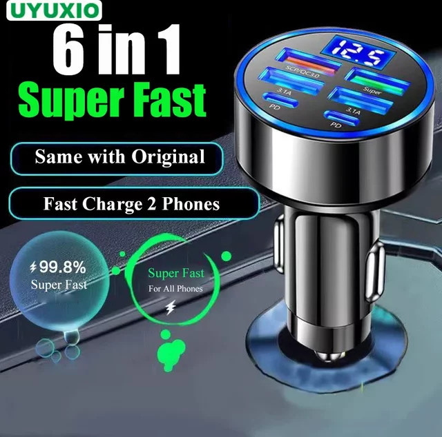 UYUXIO 6-in-1 USB-C Autoladegerät Adapter mit Voltmeter und Spannungsanzeige für iPhone und Samsung - Bild 1