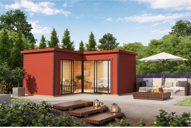 Lasita Holz-Gartenhaus Domeo 6 mit Flachdach in Schwedenrot lasiert, Blockbohlenbauweise, B/T: 500 x 500 cm - Bild 1
