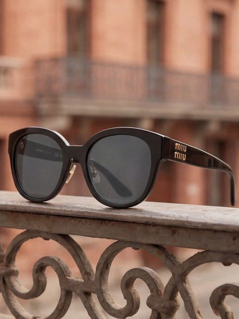 Miu Miu SMU01Z Sonnenbrille, Rund, Vollrand, Acetat, Damen, Schwarz - Bild 1