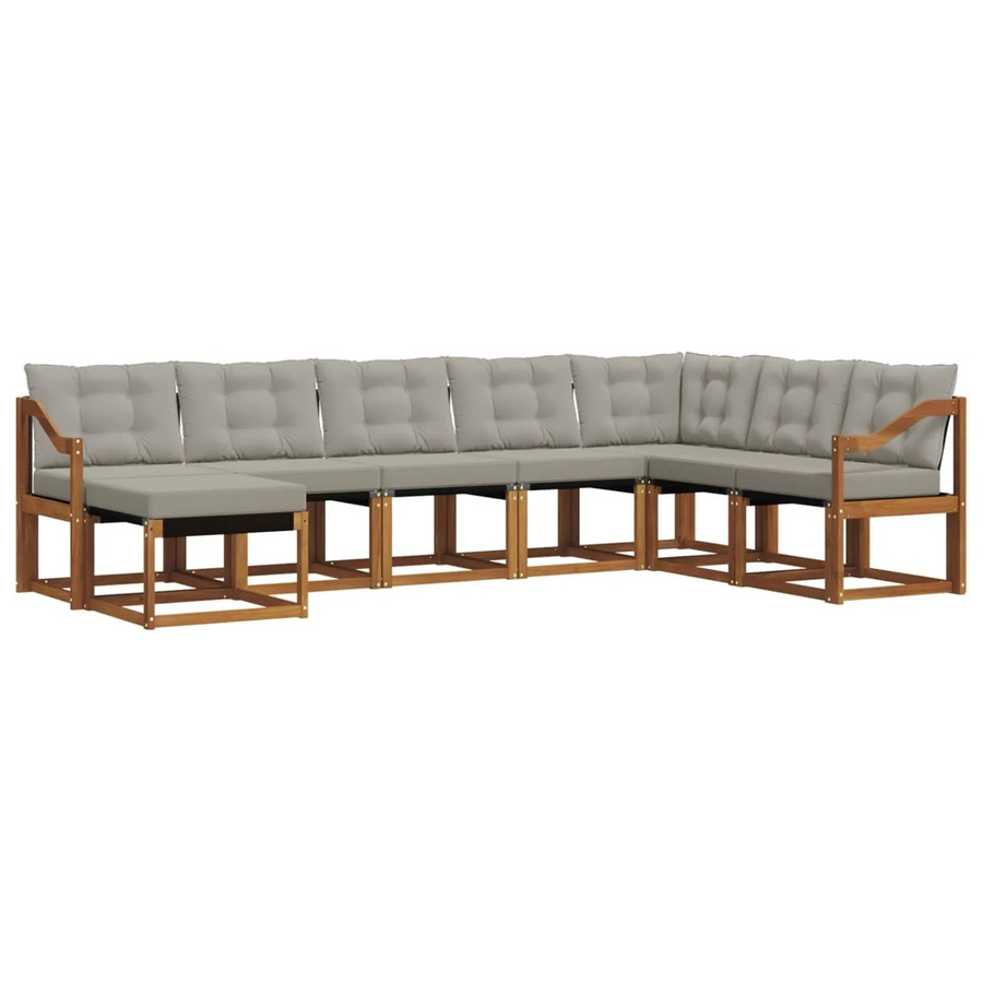vidaXL Outdoor-Sofagarnitur 8-teilig in L-Form aus Akazienholz und Textilene mit Kissen in Natur und Hellgrau - Bild 2