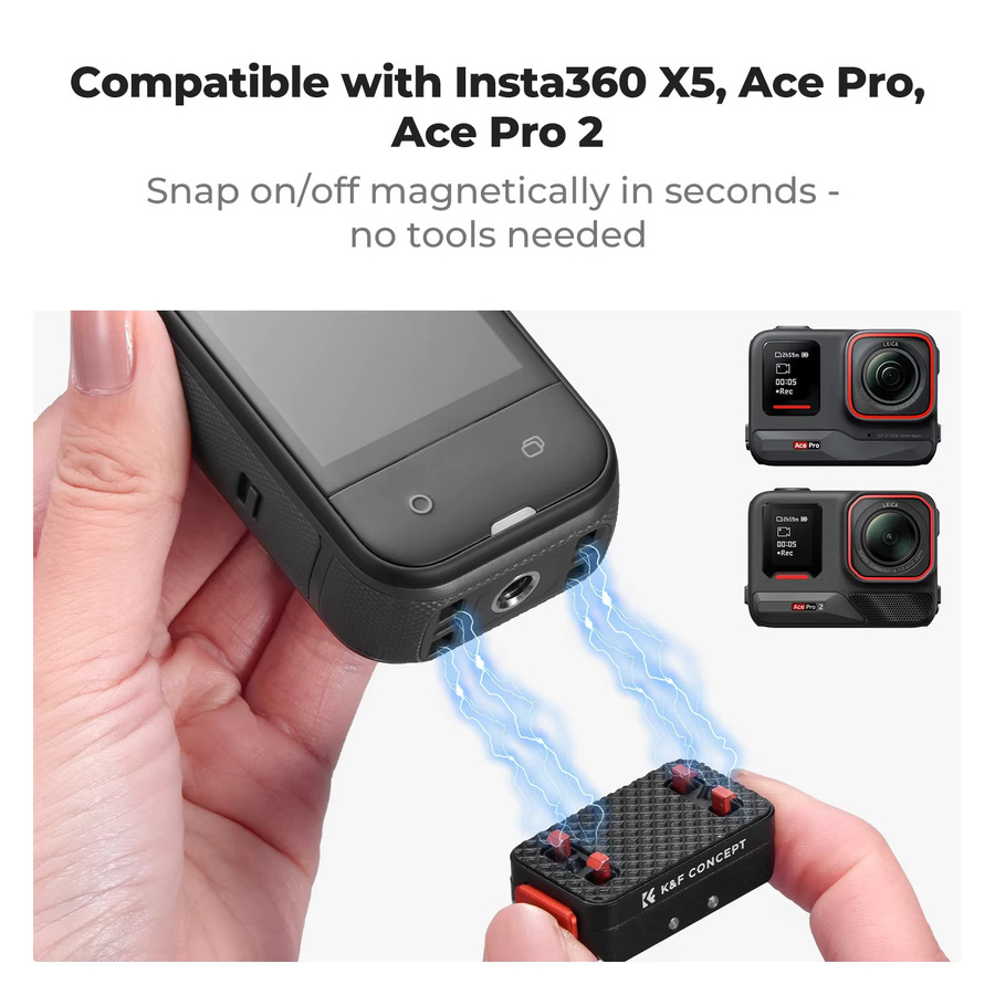 K&F CONCEPT Faltbare magnetische Schnellwechsel-Adapterhalterung aus Aluminium für Insta360 X5, X4 und Ace Pro 2, Schwarz, mit 1/4-Zoll-Gewindeanschluss - Bild 2
