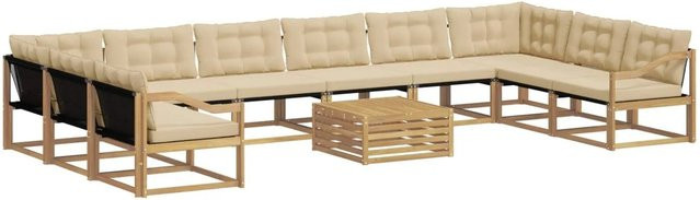 vidaXL Outdoor-Sofagarnitur in L-Form aus Akazienholz mit Textilene und Kissen, 11-teilig, Weiß und Beige - Bild 1