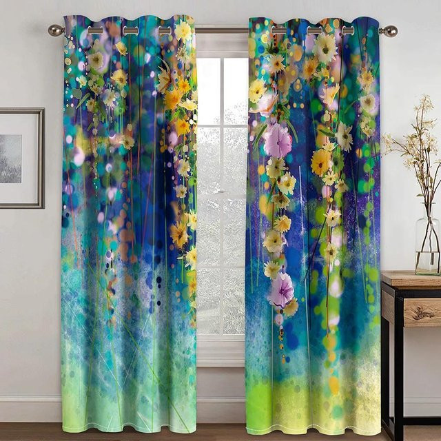A Family Of Home Textiles Moderne Blumen Vorhänge Set, 2 Stück, Semitransparent, Mehrfarbig, B: 70 cm, H: 245 cm, mit Ösen - Bild 1