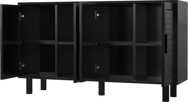 PXloue Sideboard in Holzoptik Schwarz mit Rattan-Cannage-Türen und verstellbaren Einlegeböden, B/H/T: 140 x 80 x 40 cm - Bild 1