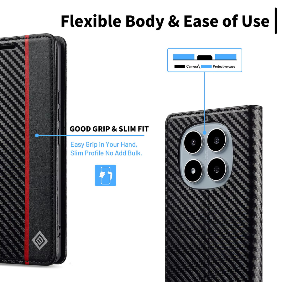Luxuriöse Xiaomi Handyhülle aus Carbon-Faser und Leder mit Kartenfach und Magnet-Flip-Ständer in Schwarz - Bild 4
