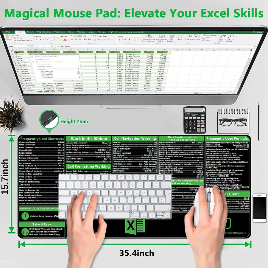 YSAGi Excel Cheat Sheet Schreibtischunterlage XXL Mauspad mit Excel-Verknüpfungen und rutschfester Basis - Bild 2