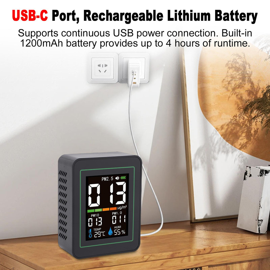 Musysh 5-in-1 Luftqualitätsmonitor mit LCD-Farbbildschirm und PM2.5 PM10 PM1.0 Detektor sowie Temperatur-Feuchtigkeitsmessgerät in Schwarz - Bild 6