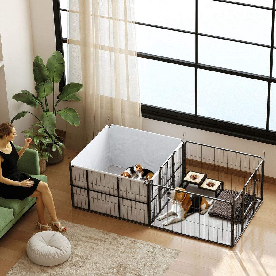 PawHut Welpenlaufstall mit 7 Paneelen und 2 Bereichen, Wurfbox für kleine und mittelgroße Hunde inklusive waschbarer Wurfunterlage, Schwarz, B/T/H: 203 x 102 x 60 cm, Aosom - Bild 2
