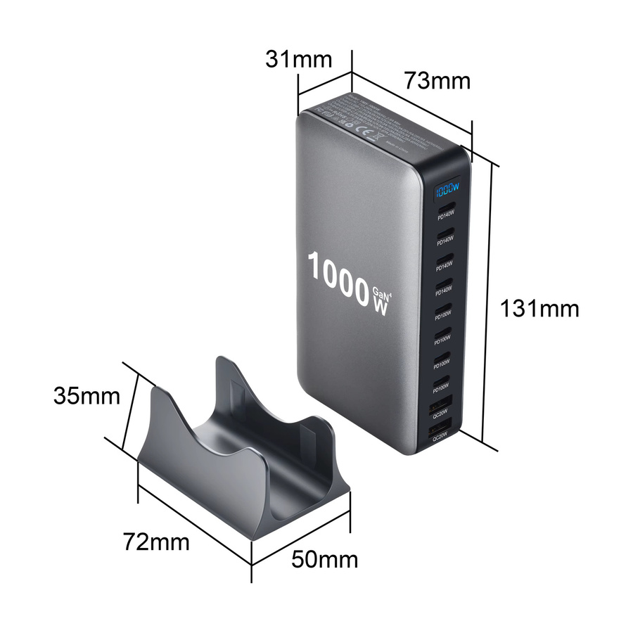 OEING 1000W GaN Schnelle Ladestation mit 10 Ports und PD 3.1 USB Typ C Desktop Ladegerät in Grau - Bild 6