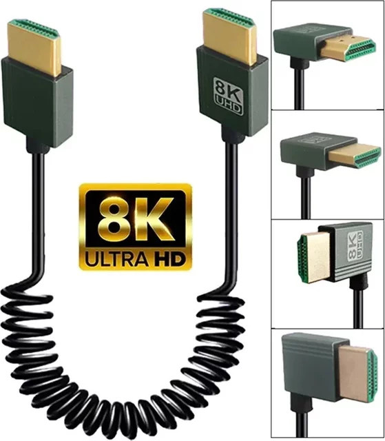 BSN HDMI 2.1 Spiralkabel in Schwarz mit 8K UHD Unterstützung und 90 Grad Winkel für Laptop, PC, Monitor und HDTV - Bild 1