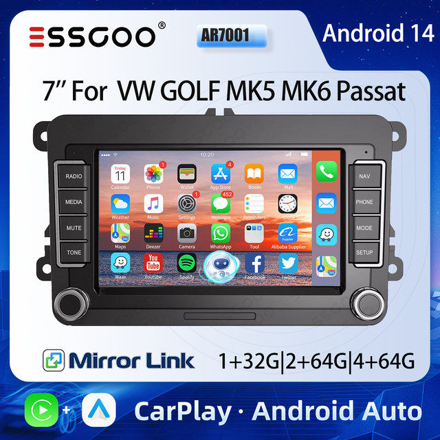 ESSGOO Android 14 Autoradio mit 7 Zoll Display für VW Golf MK5 MK6 Passat, Skoda Touran und Tiguan inklusive CarPlay, GPS, WiFi, Bluetooth und Multimedia-Funktionen in Schwarz - Bild 1