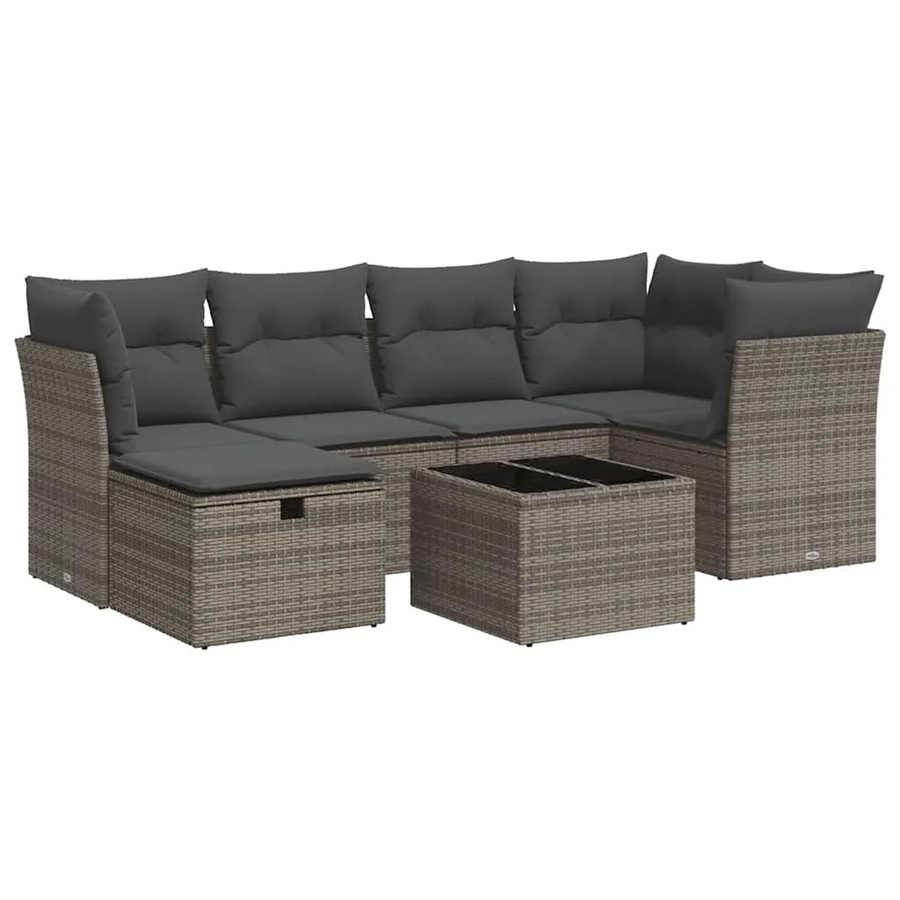 vidaXL 7-tlg. Garten-Sofagarnitur aus Polyrattan in Grau mit Kissen und Metallgestell - Bild 2