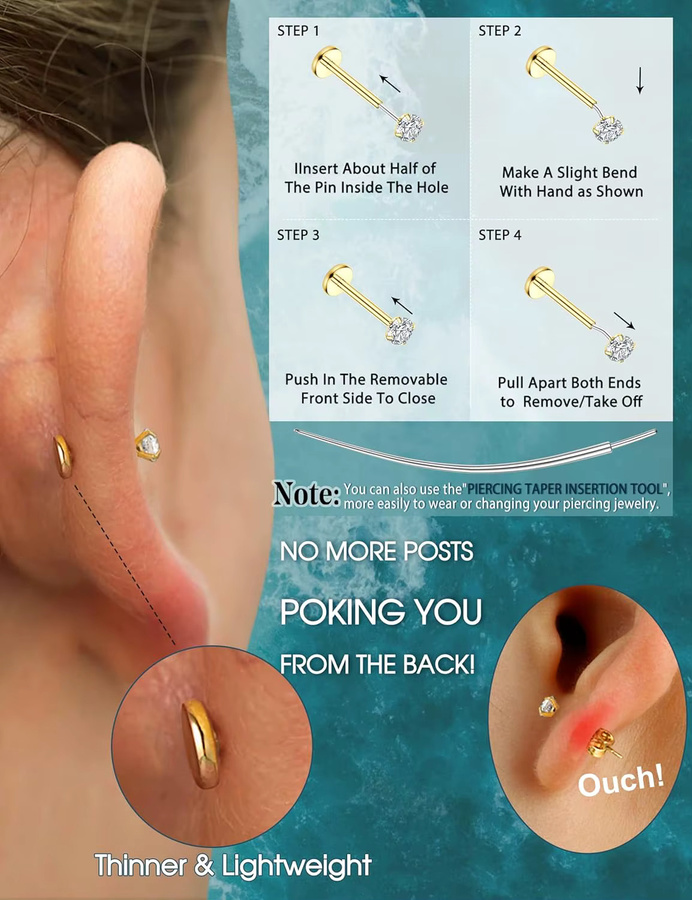 Drperfect Piercing-Set, 14K vergoldet, Edelstahl, Zirkonia, Unisex - Bild 3