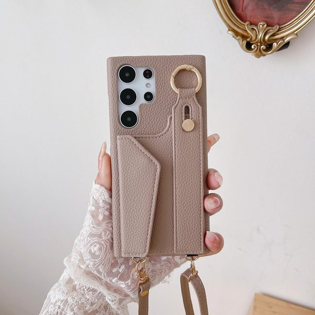 Lederne Crossbody-Handyhülle mit Geldbörse und Handgelenkgurt für Samsung Galaxy S23 S22 Ultra Plus A54 A53 5G in Beige - Bild 1