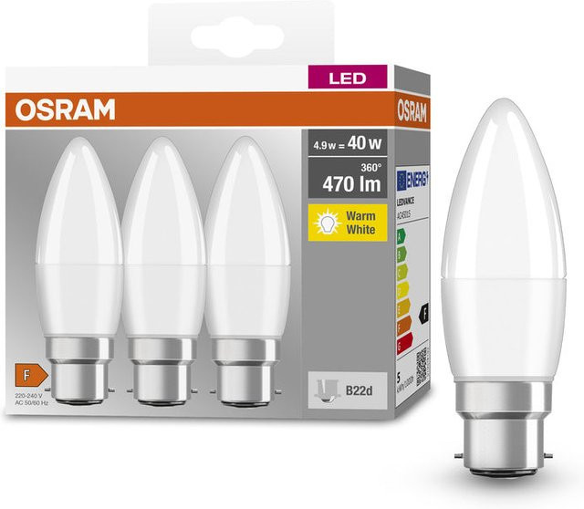 Osram LED Lampe LED BASE CLASSIC B, 4,9W, B22d, 470 lm, 2700 K, Warmweiß, Frosted, 3er Pack - Bild 1