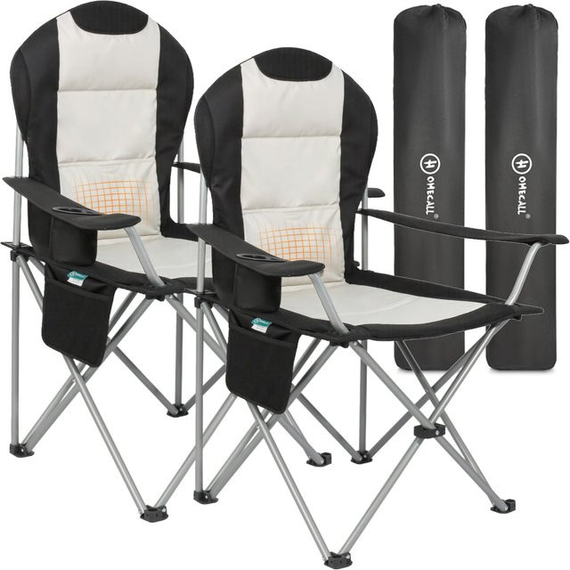 HOMECALL Klappbarer Campingstuhl als Hochlehner Angelstuhl mit Getränkehalter und Armlehnen, weiß/schwarz - Bild 1