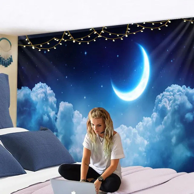 Super Six Wandbehang Psychédélique Nuit de la Lune mit Mond und Engel in Blau, Bohemian Wanddekoration Landschaft, B: 95 cm, H: 70 cm - Bild 1