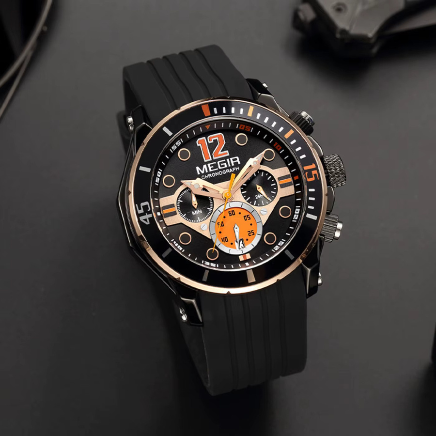 MEGIR Chronograph, Quarzuhr, Silikonarmband, Schwarz, Herren - Bild 2