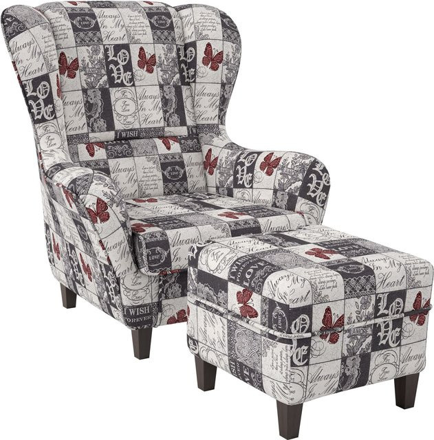 Supellex Ohrensessel mit Hocker Design Patchwork Love in Grau und Multicolour - Bild 1