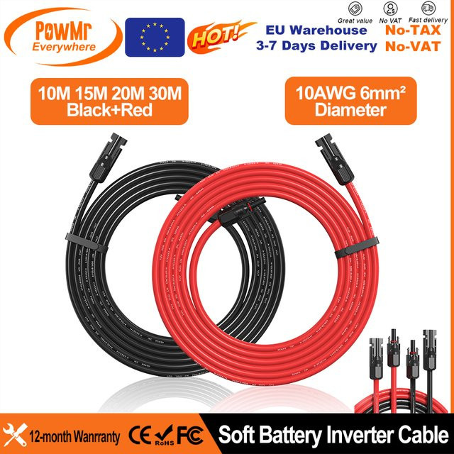 PowMr Solarkabel PV-Photovoltaikkabel 10AWG 6mm² mit TÜV-Zertifizierung, rot-schwarze Ummantelung - Bild 1
