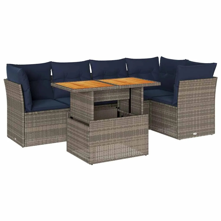 vidaXL 6-teilige Garten-Sofagarnitur aus Poly-Rattan und Akazienholz in Grau mit marineblauen Kissen - Bild 2