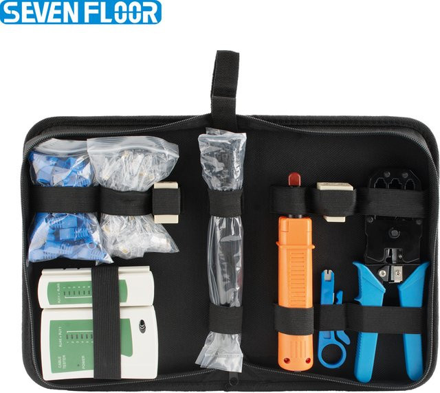Professionelles Netzwerk-Werkzeugset mit RJ45 Crimpzange, LAN-Tester, Einpresswerkzeug und Steckverbindern inklusive Tasche - Bild 1