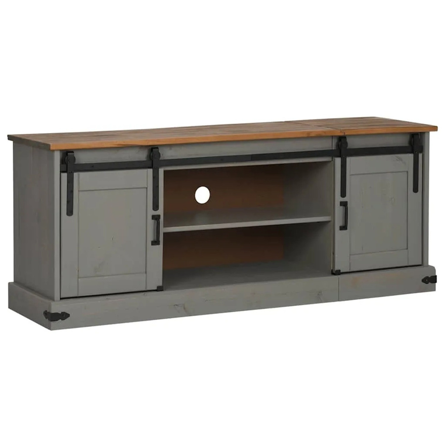vidaXL TV-Schrank HALDEN aus Massivholz mit 2 Schiebetüren, Grau, B/T/H: 150 x 40 x 60 cm - Bild 2
