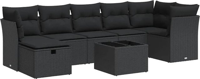 vidaXL 8-teilige Garten-Sofagarnitur in L-Form aus schwarzem Poly-Rattan mit wetterfesten Kissen und pulverbeschichtetem Stahlgestell - Bild 1