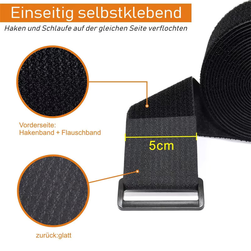 Wiederverwendbare Klettband-Sicherungskabelbinder in Schwarz mit 12 Schnallen, Länge: 5 m, Breite: 5 cm - Bild 2