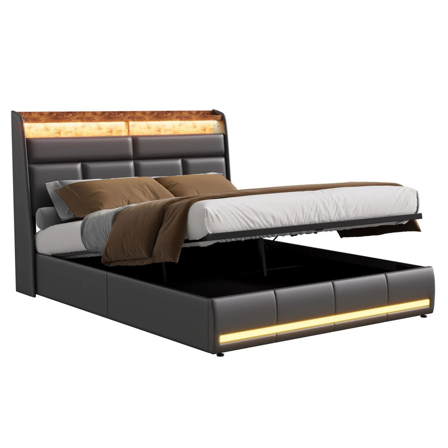 PXloue Stauraumbett mit LED-Beleuchtung und Ladefunktion in Schwarz, B/T/H: 160 x 200 x 165 cm - Bild 2