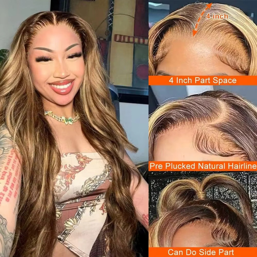UVEOUS Echthaarperücke, Lace Front Perücke, Body Wave, P4/27 Highlight - Bild 3