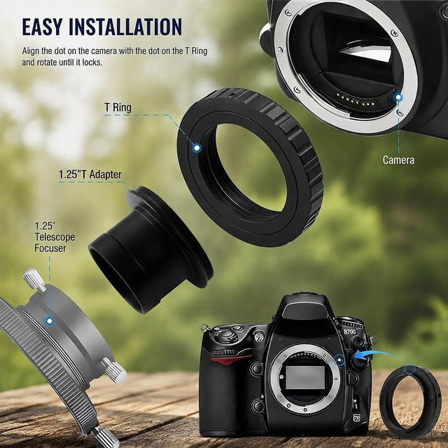 Astromania T2-M42-Adapterkit in Schwarz für Nikon, Canon, Sony, Pentax und Olympus DSLR inklusive 1,25-Zoll-T-Adapter für Astroteleskope - Bild 1