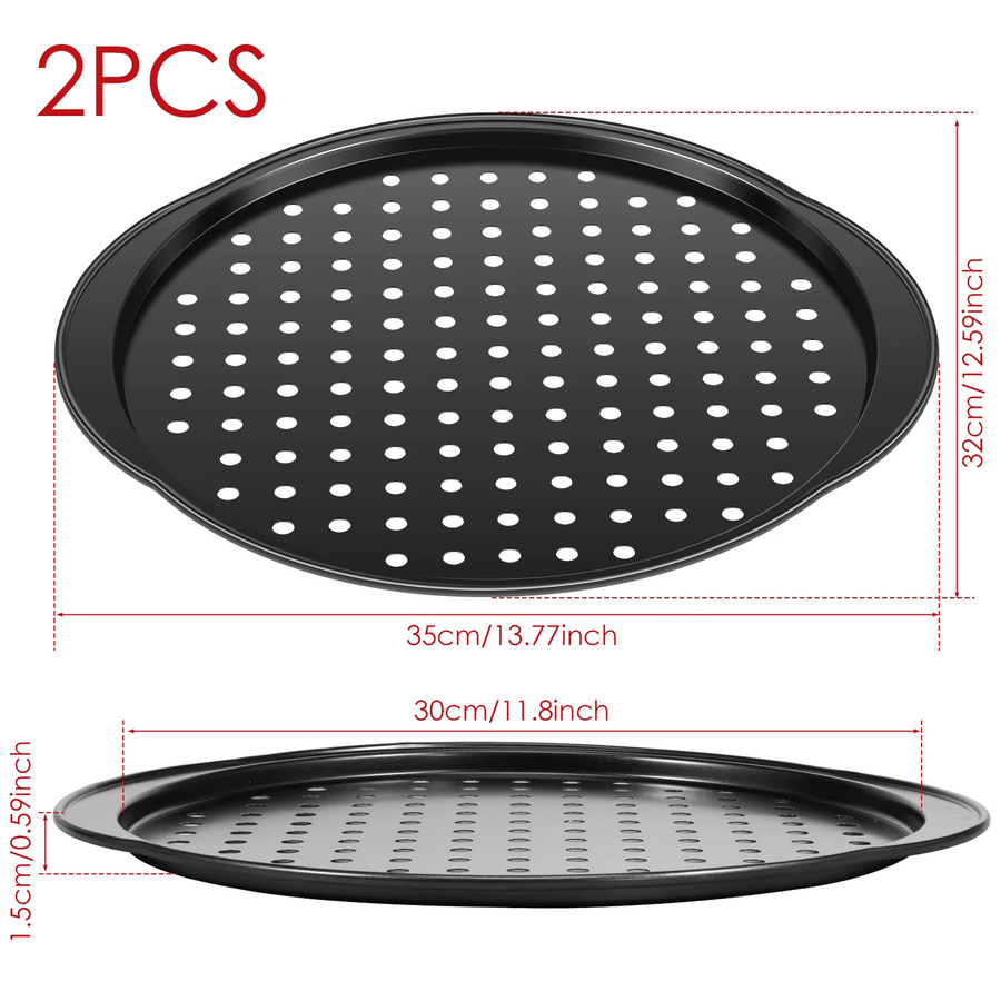 2 Stück Willstar Pizza Tabletts aus Kohlenstoffstahl, Antihaft-Backbleche mit Löchern und Griffen, Schwarz, Durchmesser: 35,56 cm - Bild 2