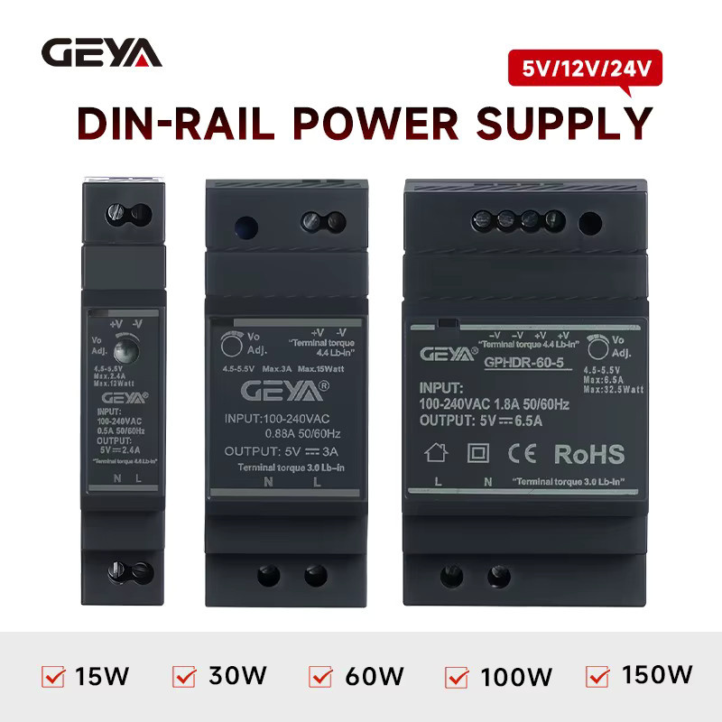GEYA HDR-Serie DIN-Schiene Netzteil SMPS in Schwarz mit universellem Eingang 100–240 VAC/140–340 VDC und 5/12/24V Ausgang - Bild 4