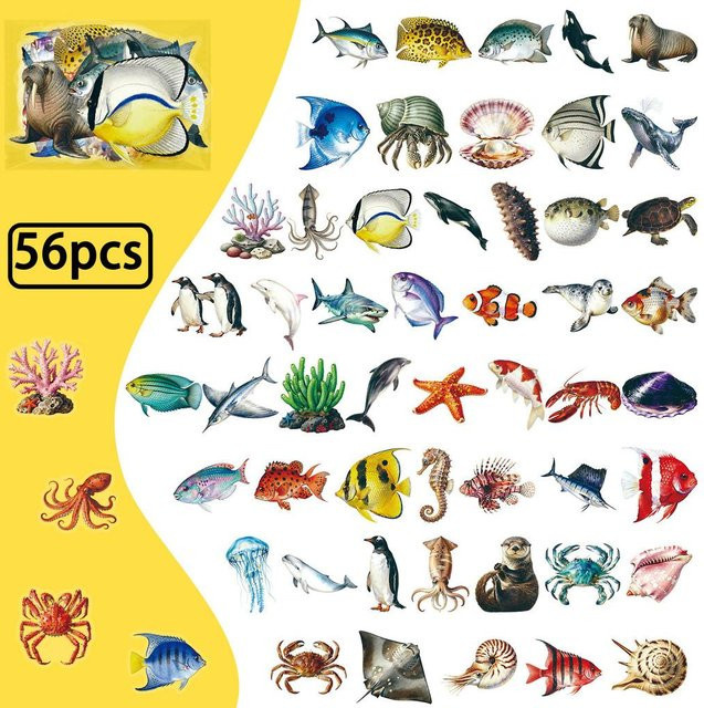 56 Stück Realistische Meeres-Tier-Aufkleber von Rui Di in Multicolour, Hochtransparente PET-Fisch-Aufkleber für Kreatives Basteln - Bild 1